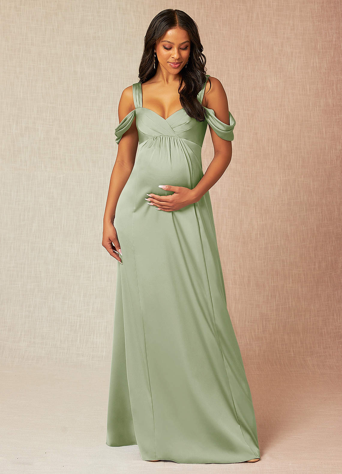 Azazie Rhea Maternity Bridesmaid Dresses A-Line Off-The-Shouler Pleated Stretch Satin Floor-Length Dress image1