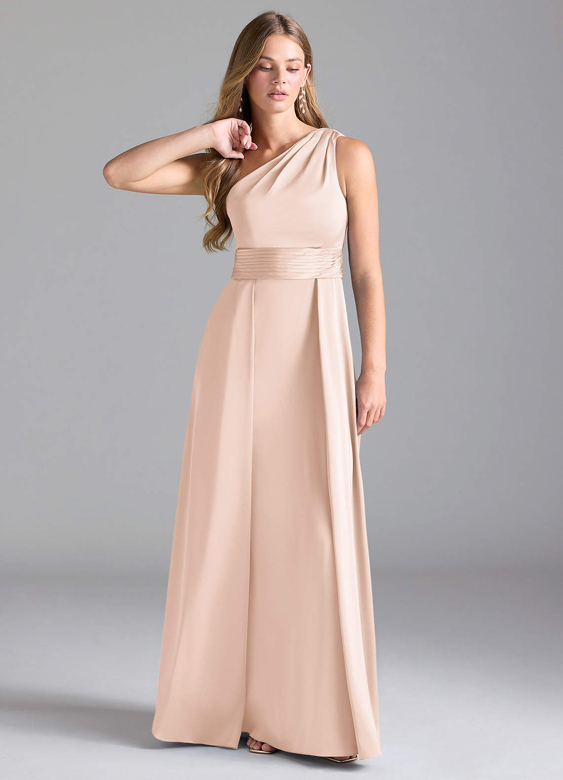 Azazie Dallas Brautjungfernkleider A-Linie One-Shoulder Stretch-Satin Kleid Zartrosa image1