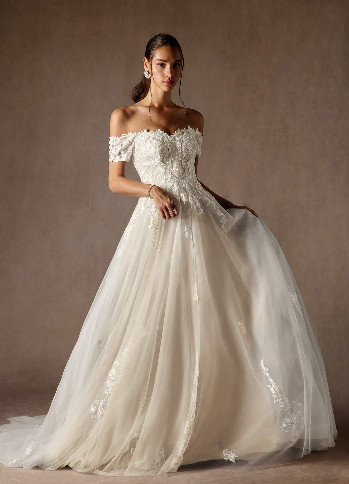 Azazie Rowe Wedding Dresses Diamond White Champagne Ball-Gown Off the Shoulder Tulle Dress image2