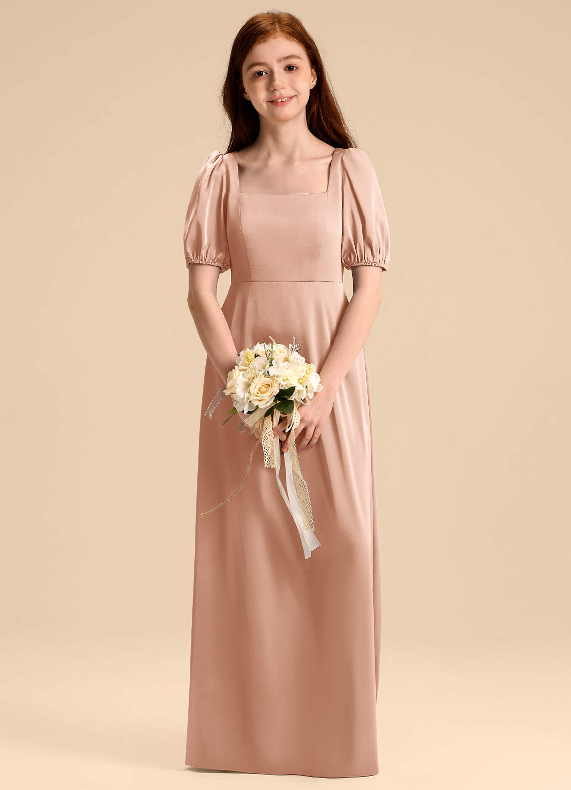 Azazie Briar Junior Rose Gold A-Line Bow Stretch Satin Dress image1