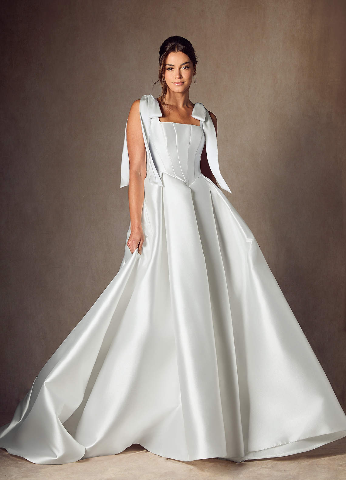 Azazie Kaydence Diamond White A-Line with Pockets Mikado Dress