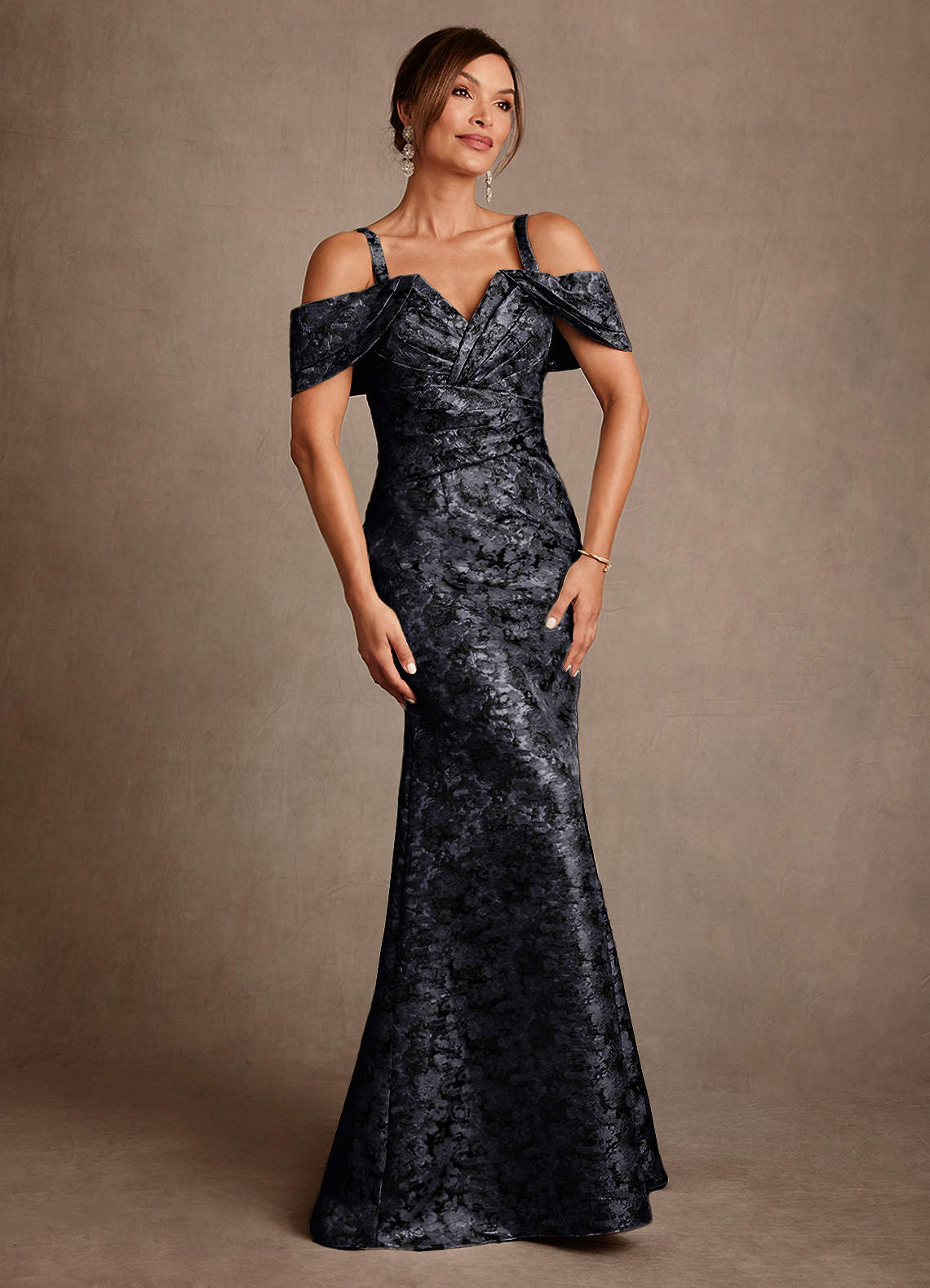 Azazie Bakersfield Black Mermaid Off the Shoulder Floral Jacquard Dress Ready to Ship