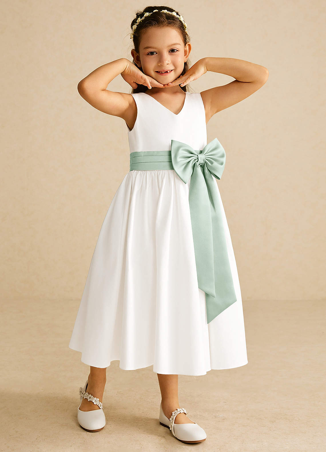 Azazie Darling Flower Girl Dresses Ivory Agave A-Line Bow Cotton Dress image1