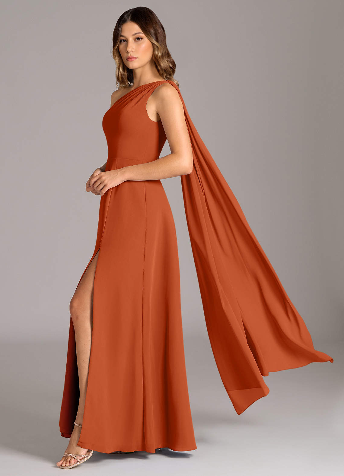 Azazie A-Line One-Shoulder Floor-Length Chiffon Bridesmaid Dresses - Burnt Orange Azazie A-Line One-Shoulder Floor-Length Chiffon Bridesmaid Dresses - Burnt Orange