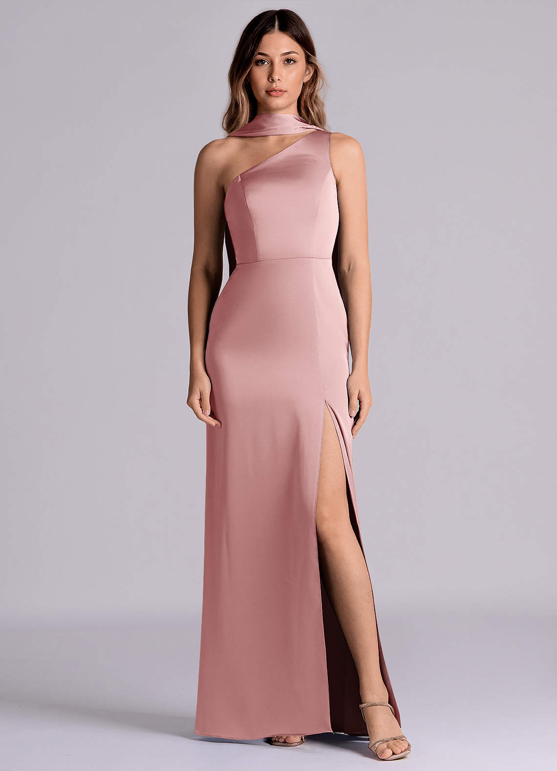 Azazie Philana Brautjungfernkleider A-Linie One-Shoulder Stretch-Satin Kleid Altrosa image1