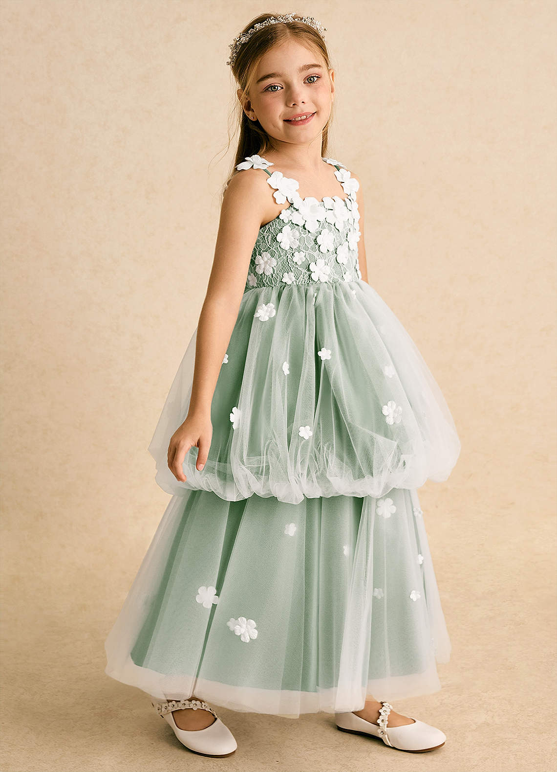 Azazie Teacup Flower Girl Dresses Ivory Matcha Ball-Gown Lace Tulle Dress image1