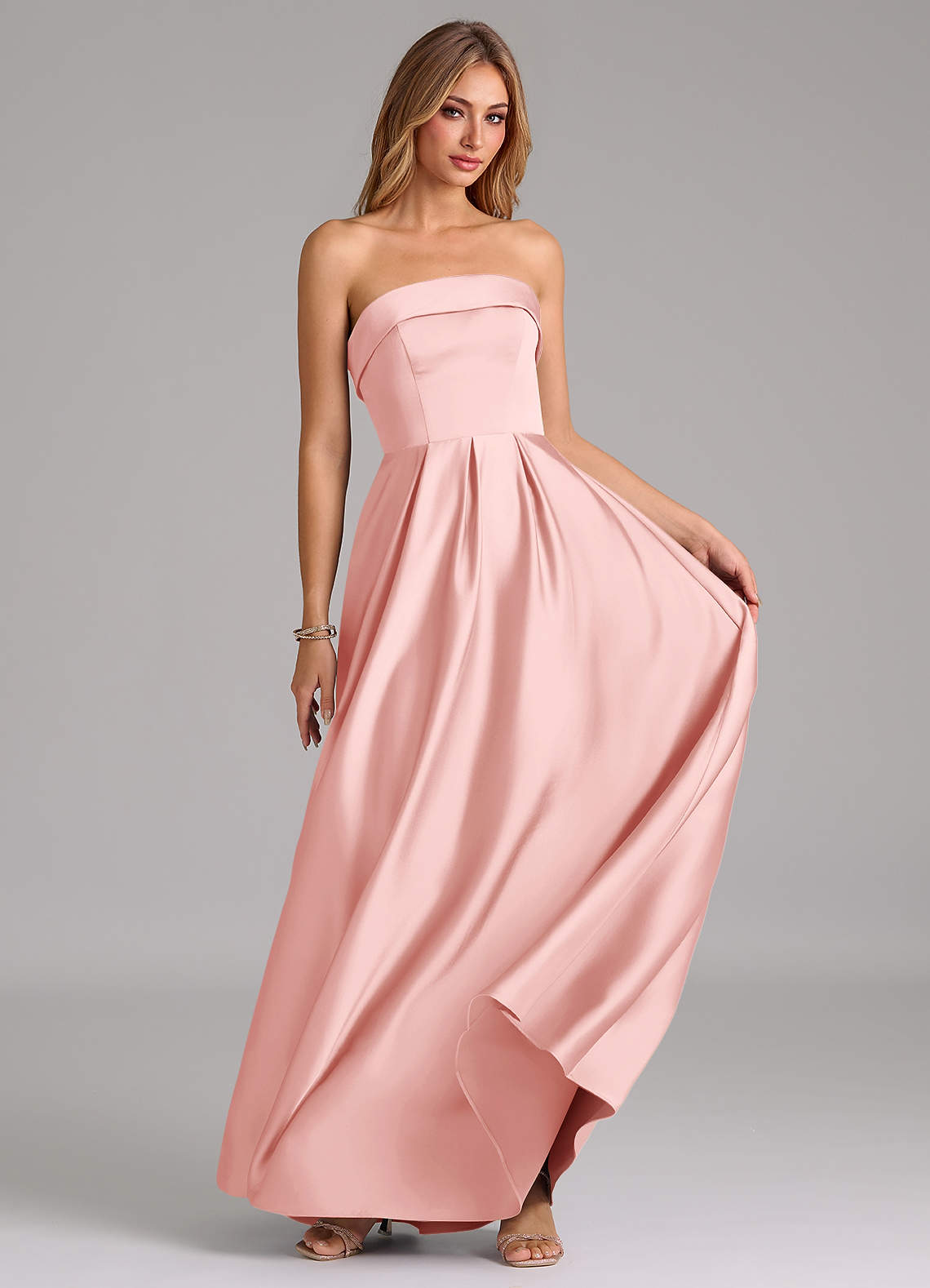 Azazie Lucienne Bridesmaid Dresses Powder Pink A-Line Strapless Stretch Satin Convertible Dress image4