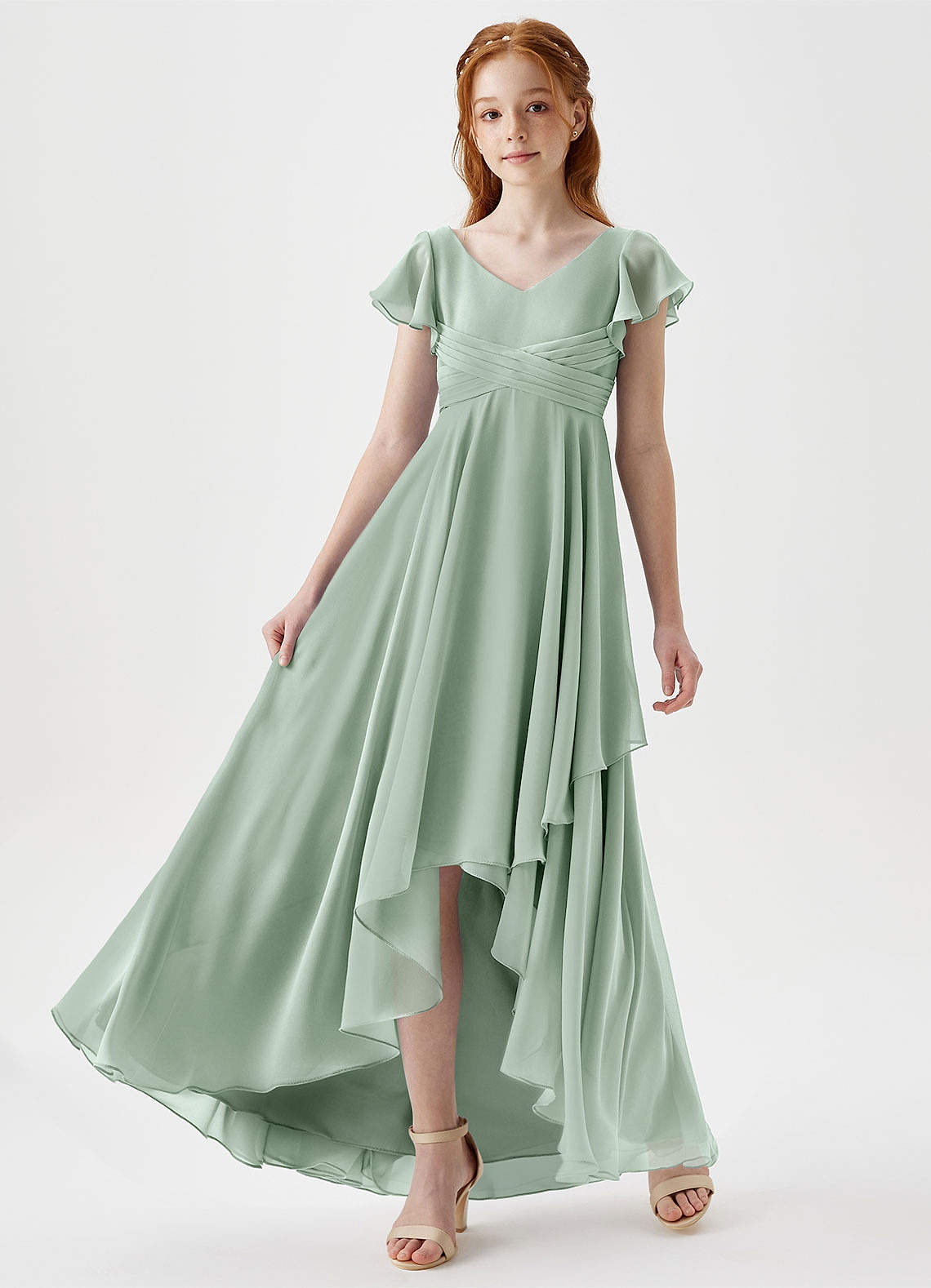 Azazie Caria Junior Agave A-Line Pleated Chiffon Dress image4