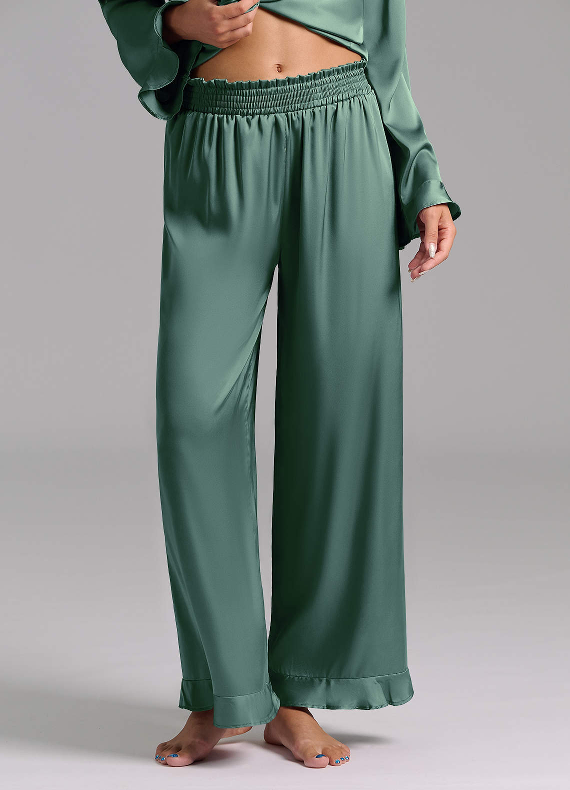 front Matching Color Ruffled Satin Long Sleeve Pajama Set