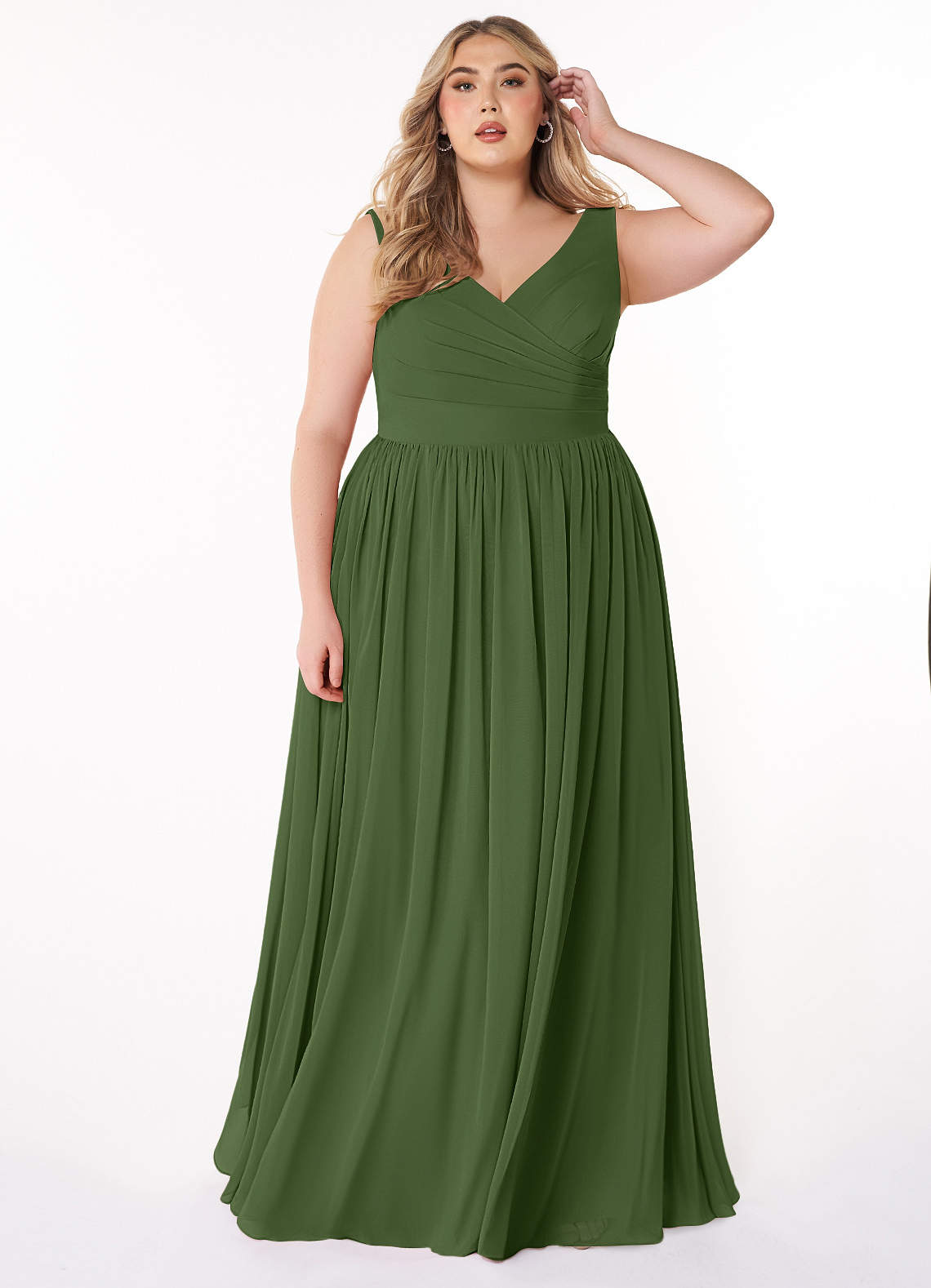 Azazie Keyla Bridesmaid Dresses Olive A-Line V-Neck Pleated Chiffon Dress image1