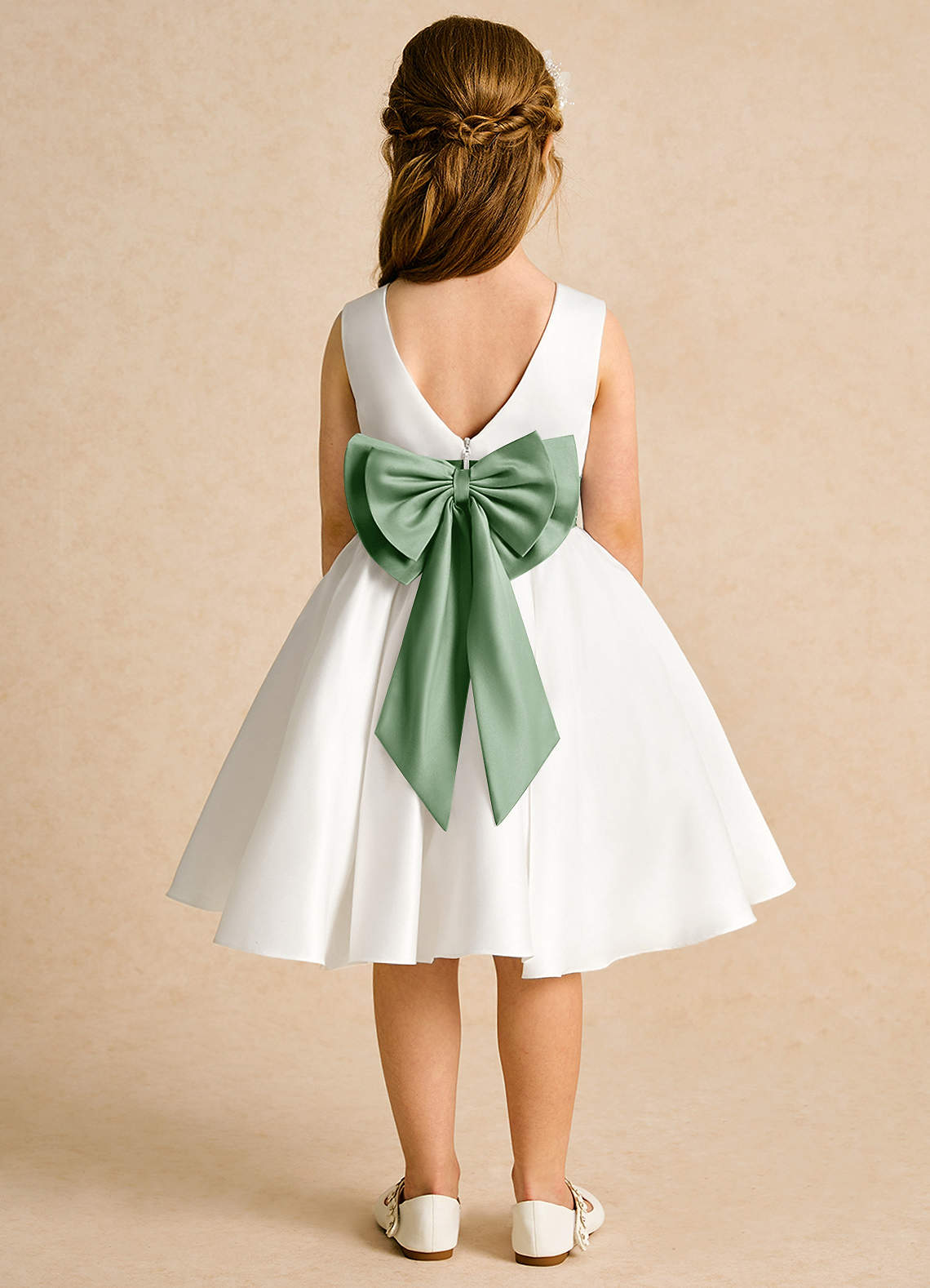 Azazie Sosie Blumenmädchenkleider A-Linie Plissee Matte Satin Kleid Elfenbein Matcha image1