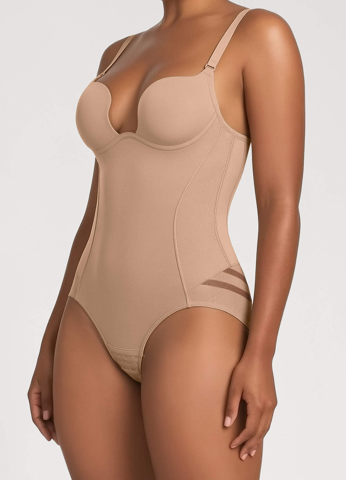 front Deep-Backless Adjustable Thin-Strap Tummy-Control Shapewear Bodysuit (Mesh-Panel Brief Back)