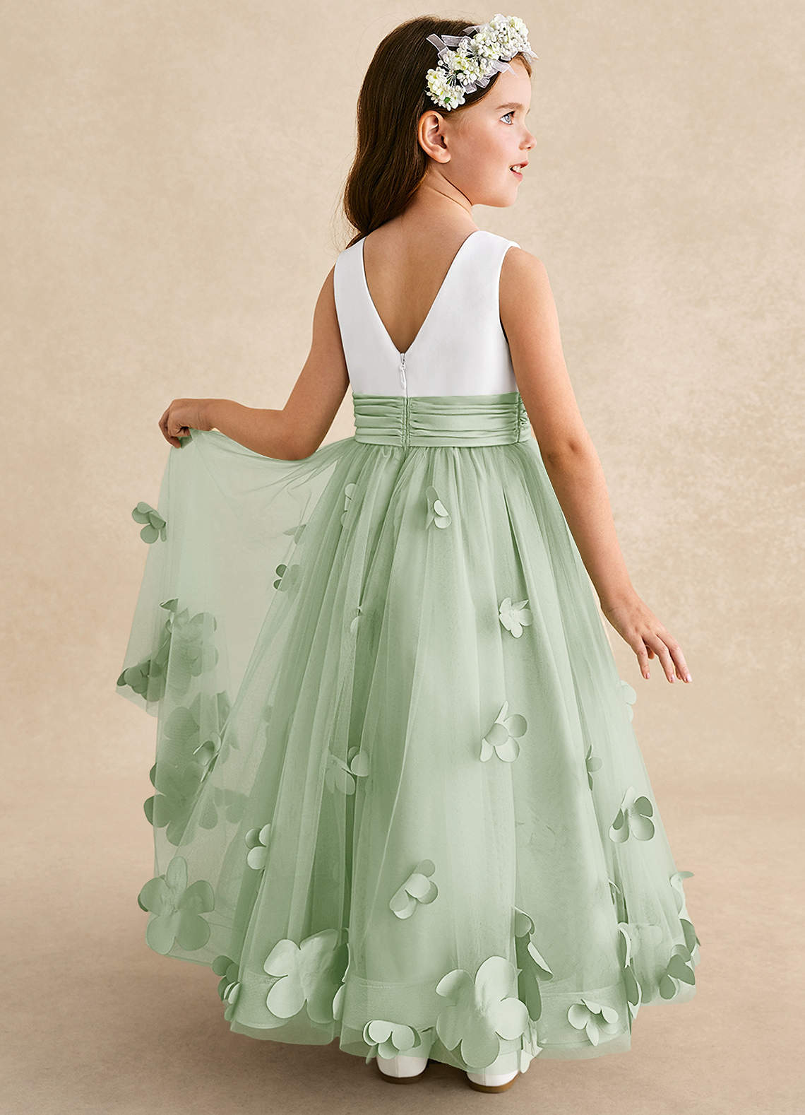 Azazie Vi Flower Girl Dresses Dusty Sage A-Line Sleeveless Tulle Dress image1