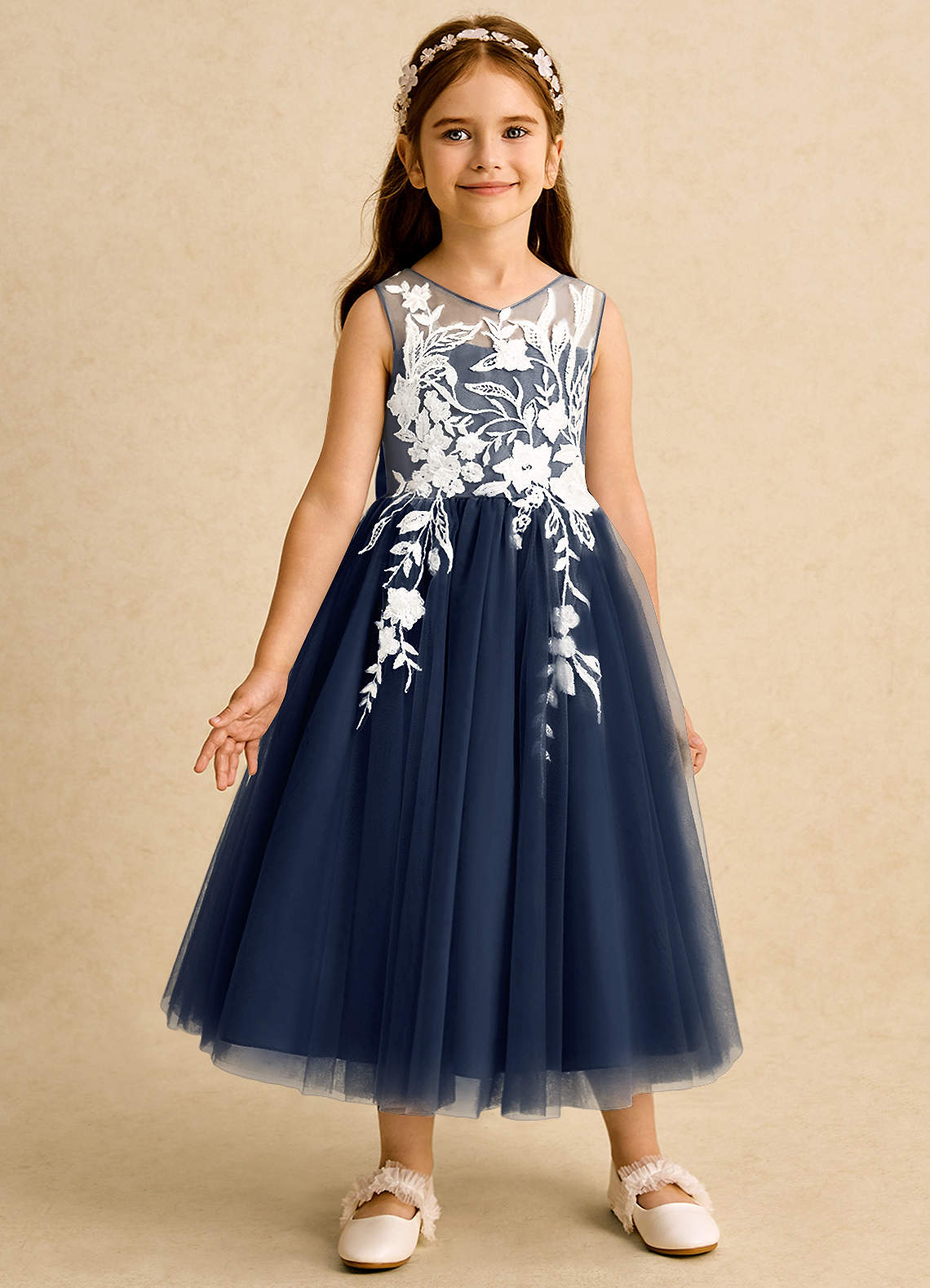 Azazie Sundae Flower Girl Dresses Dark Navy Ball-Gown Lace Dress image4
