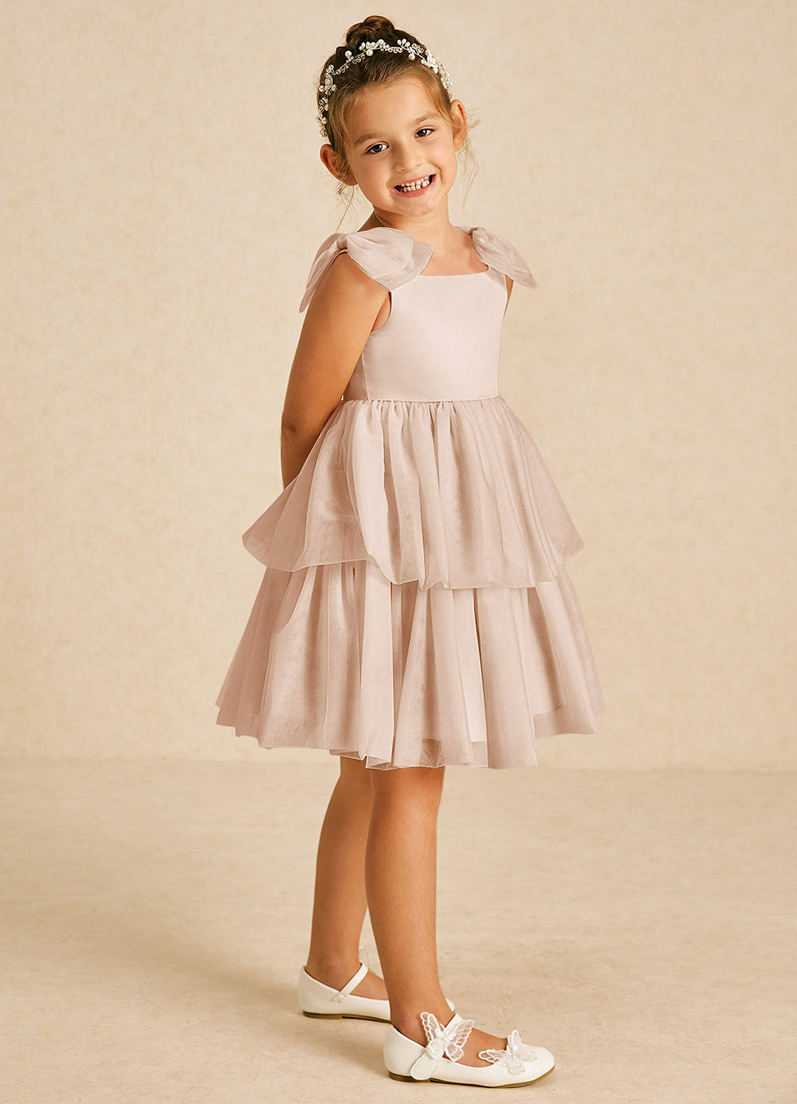 Azazie Vanellope Robe Demoiselle D'honneur Fillette Robe Trapèze en Tulle Arc Rose Perle image1