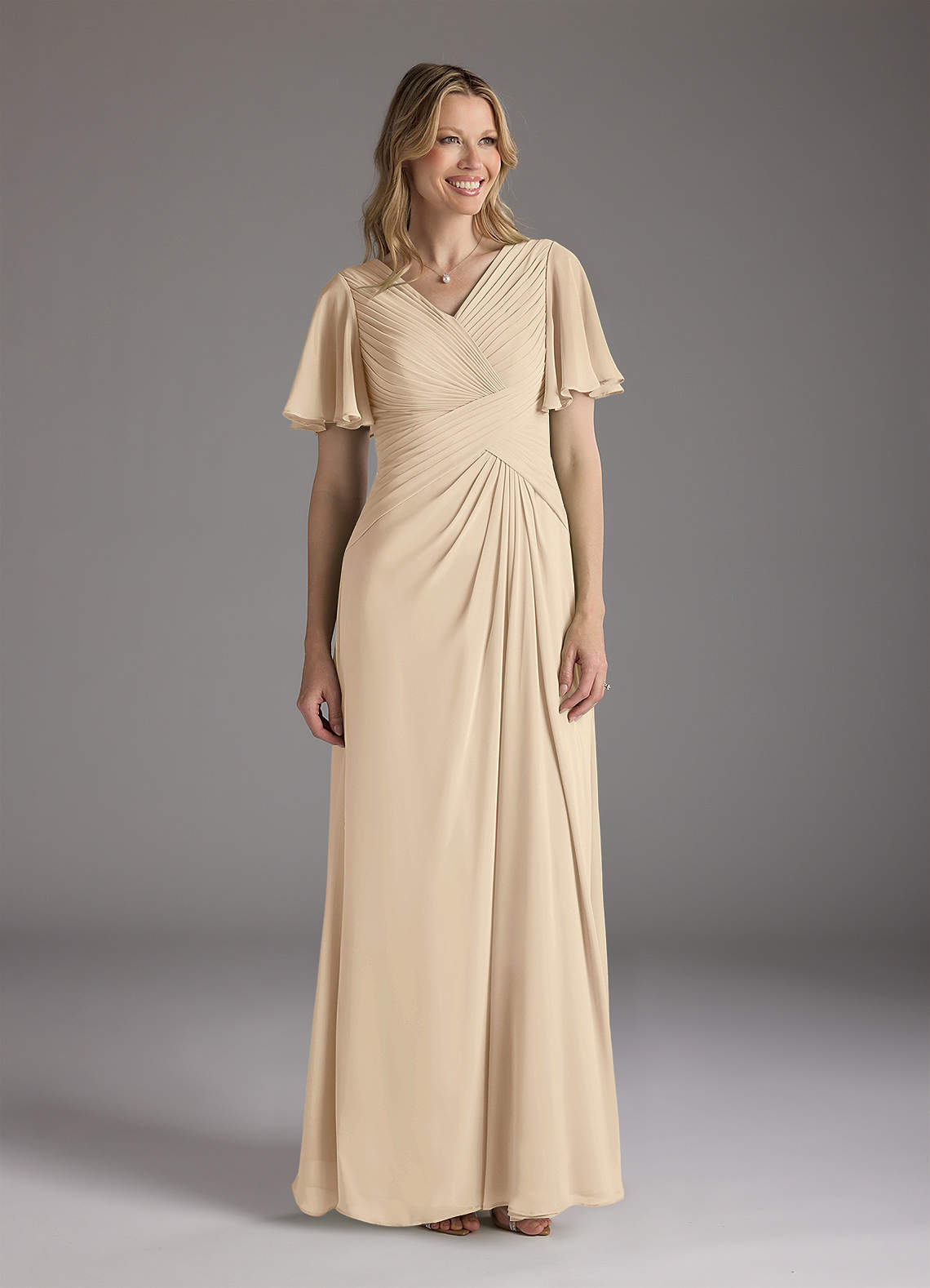 Azazie Morning Glory Mother of the Bride Dresses Champagne A-Line V-Neck Ruched Chiffon Dress image1