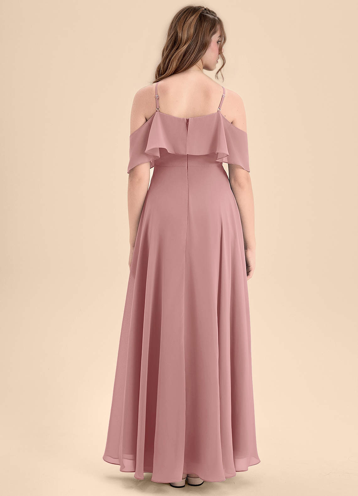 Azazie Tessabelle Junior Vestido de Rosa Polvorienta de Gasa de Corte en A con Vestidos sin tirantes image1