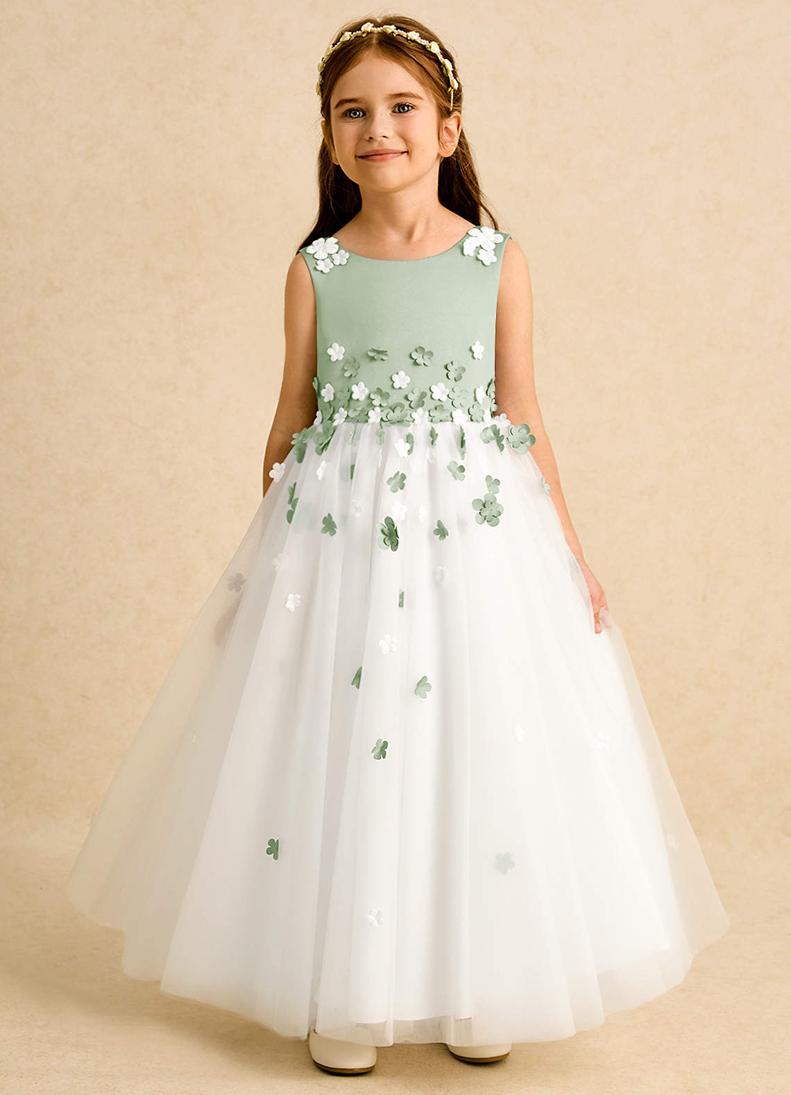 Azazie Eleni Flower Girl Dresses Ivory Dusty Sage Ball-Gown Bow Tulle Dress image1