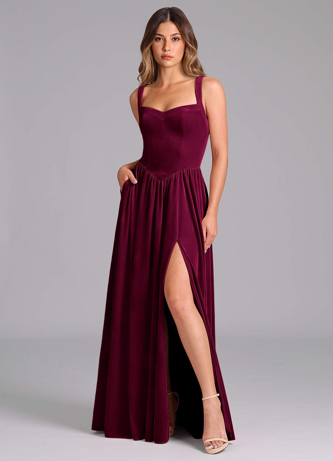 velvet cabernet bridesmaid dress Azazie Francis Ocean Stripe Drape Dress plus size clothing stores near me Set Option:Dress/Flower Jewel Sash Cut from velvet
