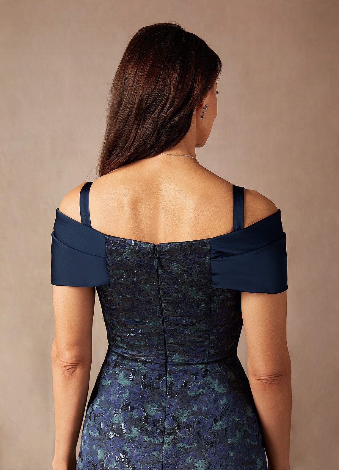 Azazie Amelia Dark Navy A-Line Off the Shoulder Jacquard