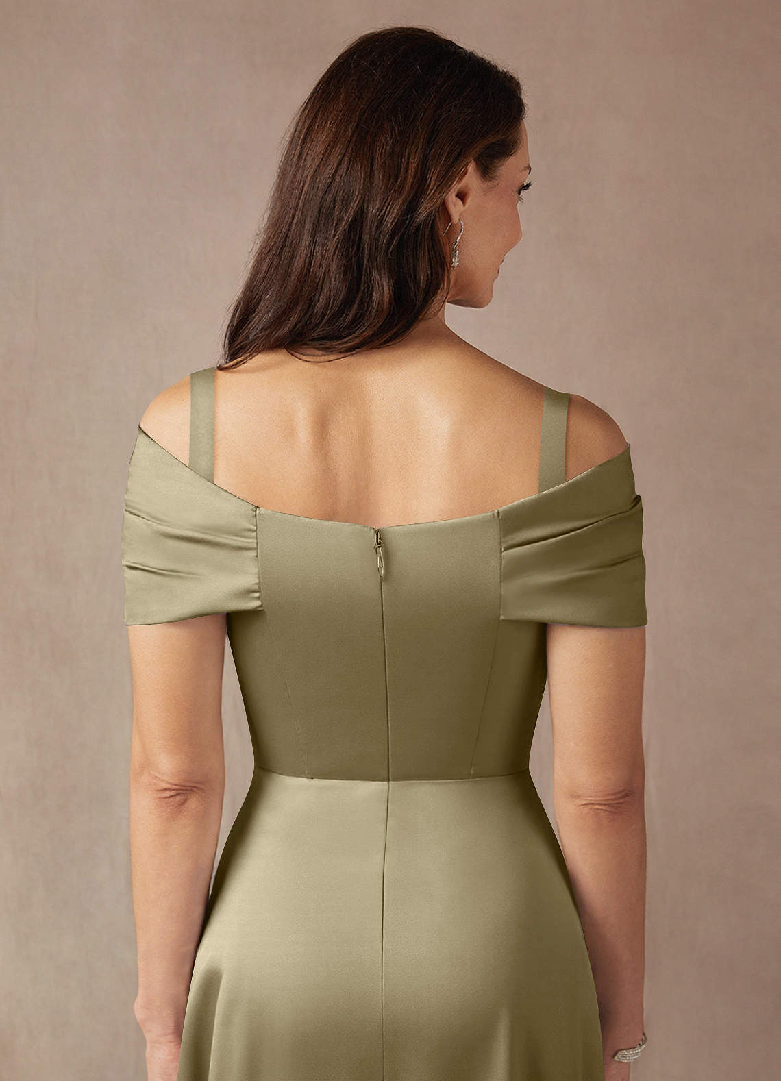 Azazie Amelia Moss Green A-Line Off the Shoulder Stretch Satin