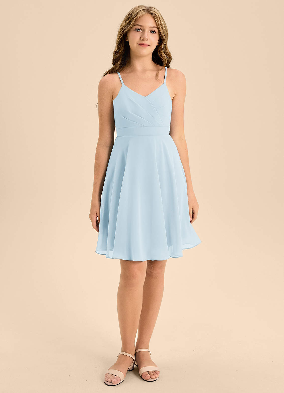 Azazie Avelina Junior Robe Trapèze en Mousseline de soie Plissée Bleu Ciel image3