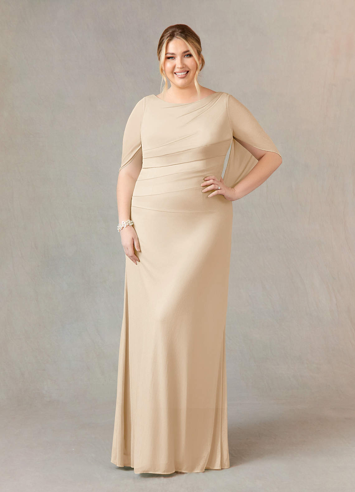 Azazie Belladonna Mother of the Bride Dresses Champagne Mermaid Scoop Pleated Mesh Dress image1