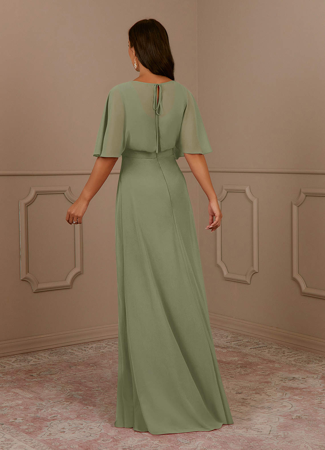 Azazie Oksana Pistachio A-Line V-Neck Pleated Chiffon Dress