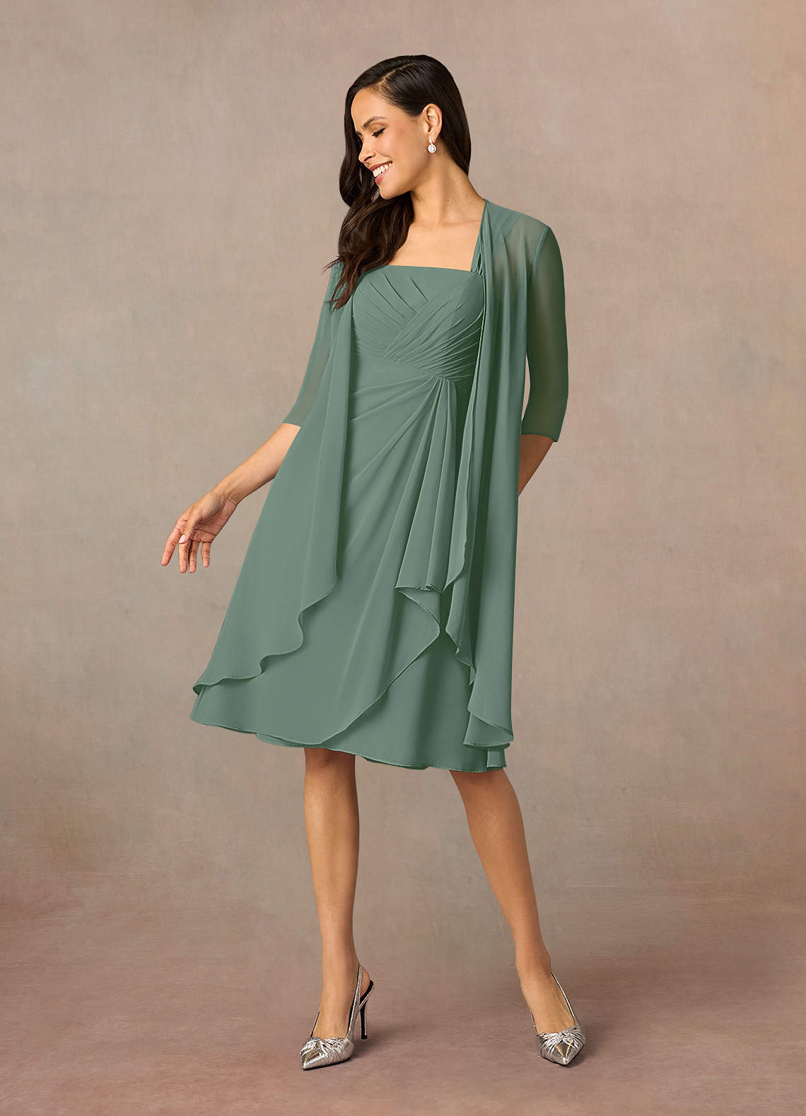 Azazie Olivia Mother of the Bride Dresses Eucalyptus A-Line Square Neckline Pleated Chiffon Dress image1