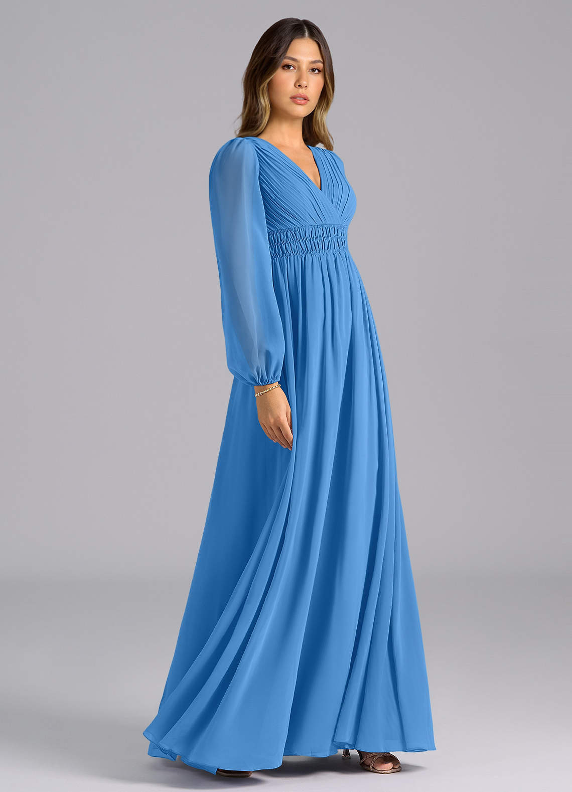 Azazie Palerma Bridesmaid Dresses Blue Jay A-Line Long Sleeve Chiffon Dress image4