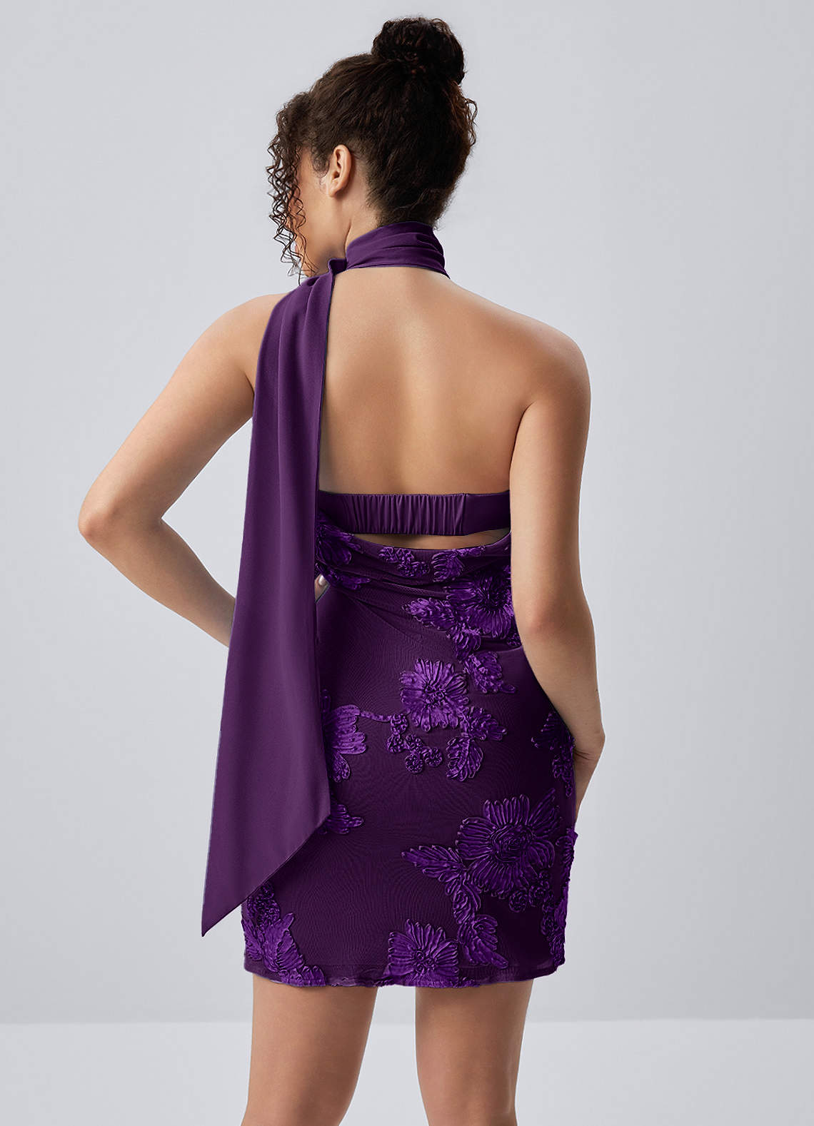 backless floral mesh mini dress Helene Plum Halter 3D Open Back Women's dresses