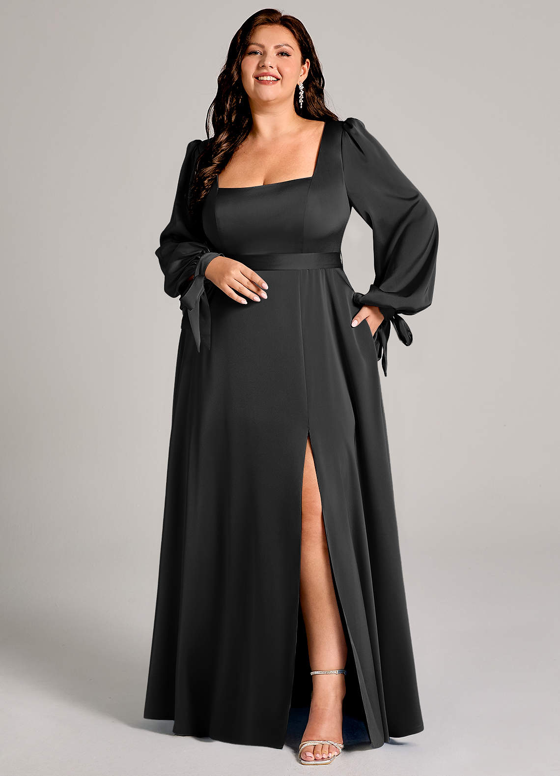 Azazie Leonia Bridesmaid Dresses Black A-Line Long Sleeve Stretch Satin Dress image1