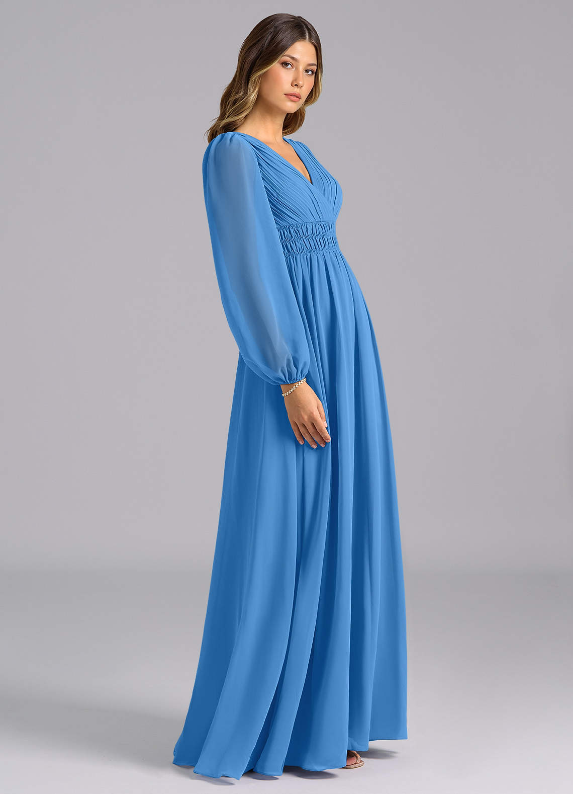 Azazie Palerma Bridesmaid Dresses Blue Jay A-Line Long Sleeve Chiffon Dress image2