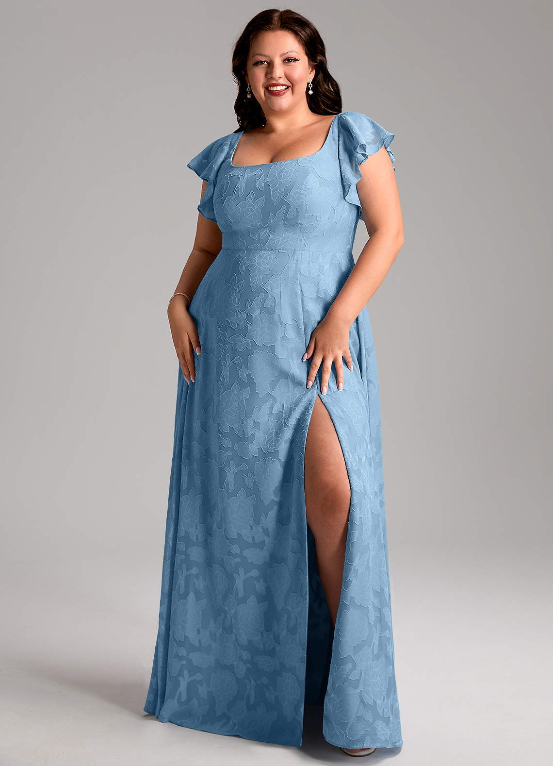 Azazie Bondi Vestidos de damas de honor Vestido de Azul Acero de Devorado Floral de Corte en A con Corte Lateral image1