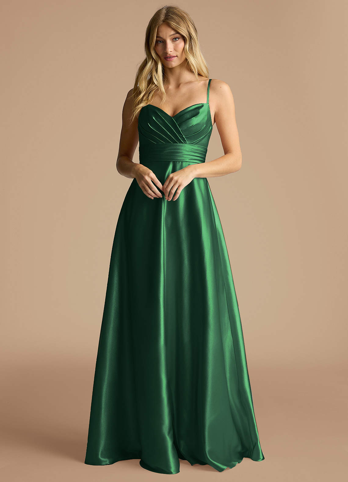 Azazie Oliana Bridesmaid Dresses Dark Green A-Line Pleated Metallic Satin Dress image1