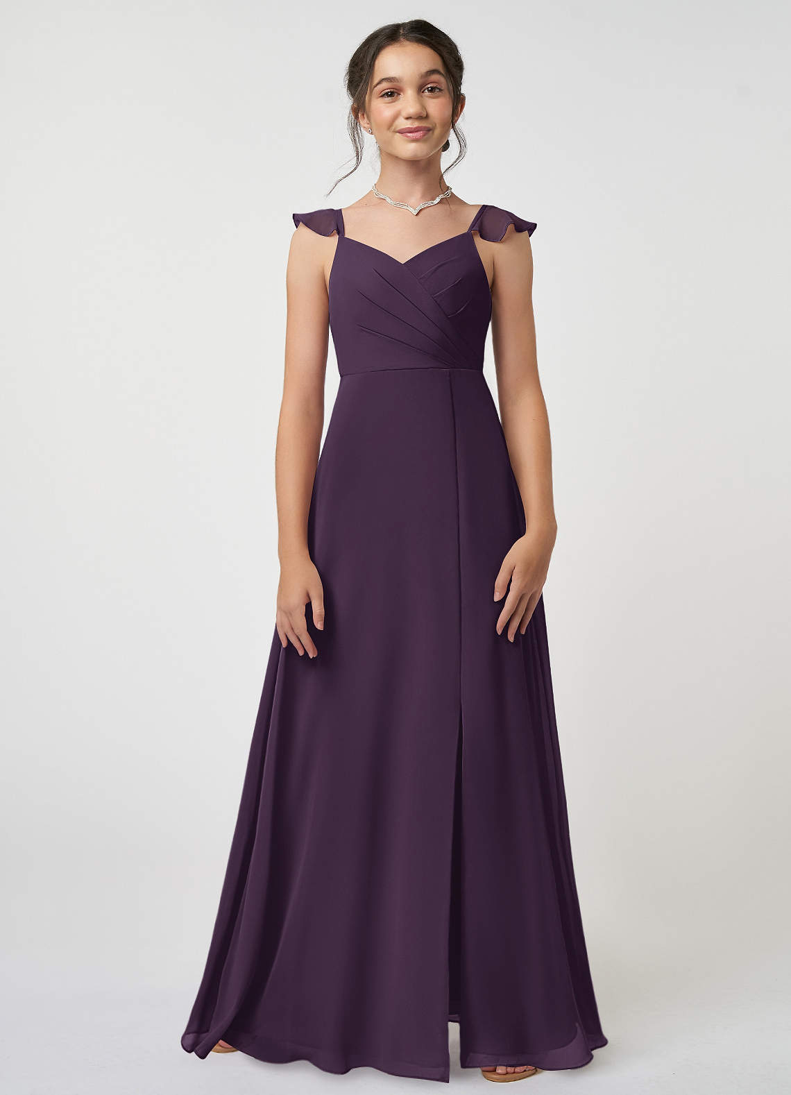 Azazie Amada Junior Plum A-Line Ruched Chiffon Dress image1