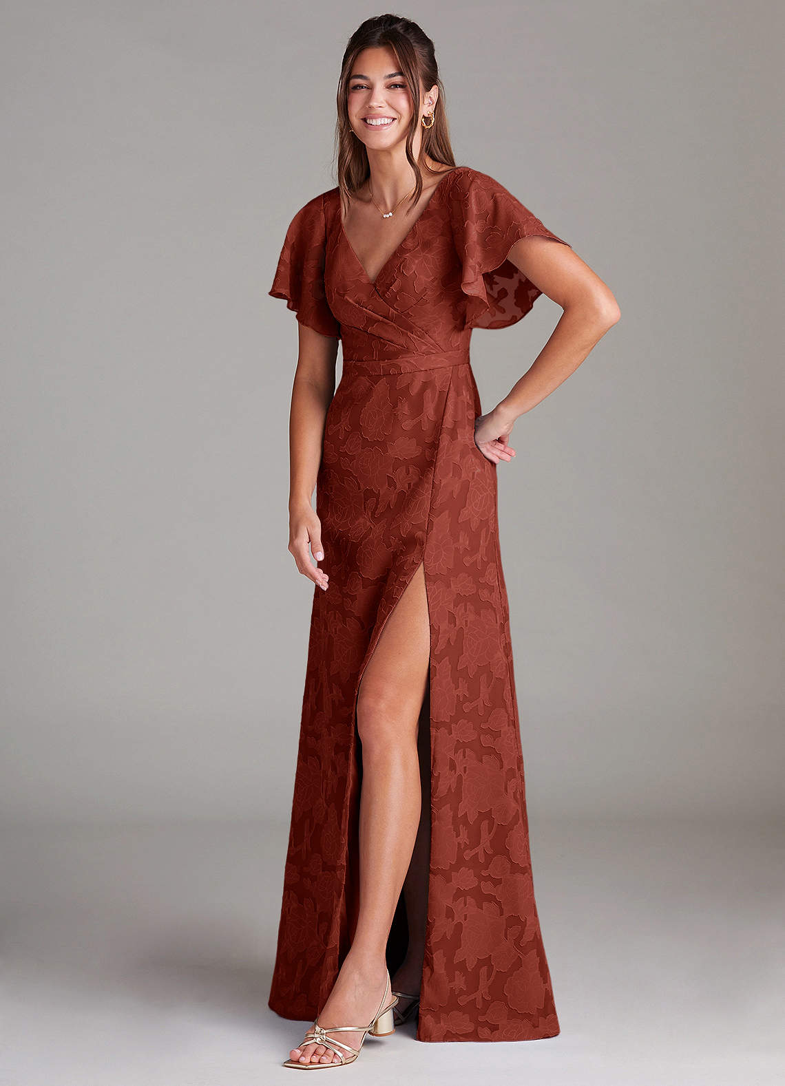 Azazie Ambrosia Robes de demoiselle d'honneur Robe Trapèze en Blumen-Burnout Plissée Terracotta image3