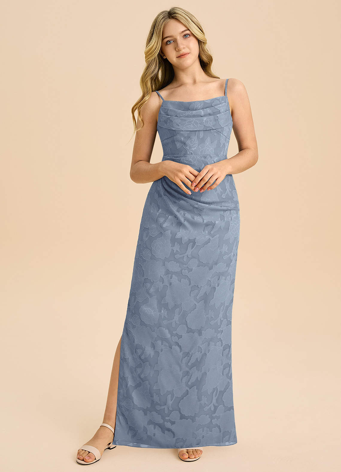 Azazie Mai Junior Dusty Blue Sheath Pleated Floral Burnout Dress image4