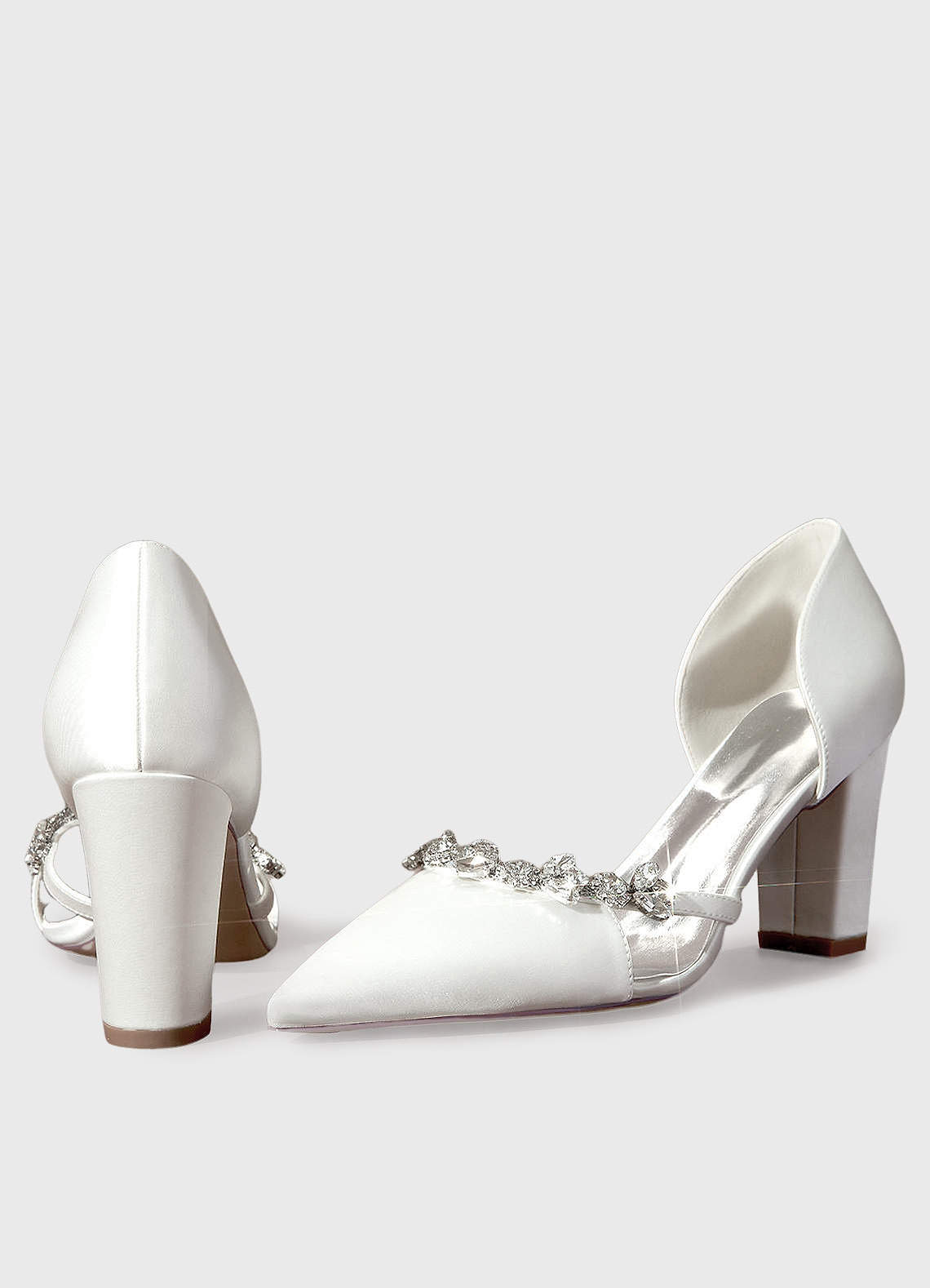 front Crystal Strap Pointed Toe Satin Pumps