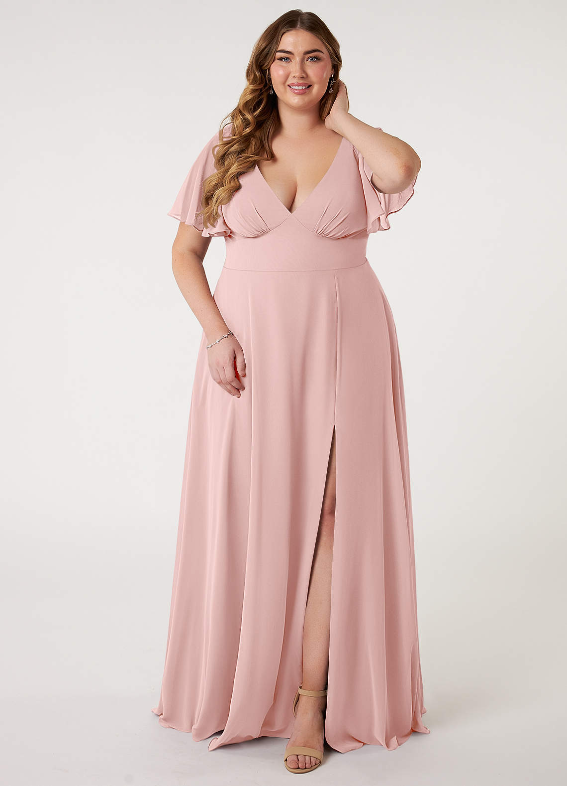 Azazie Kimber Robes de demoiselle d'honneur Robe Trapèze en Mousseline de soie Manches à volants Rose Poudré image1