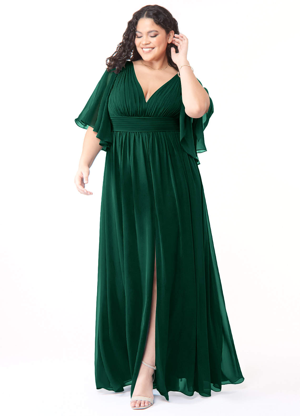 Azazie Temeka Brautjungfernkleider A-Linie Gestreift Chiffon Kleid Smaragd image1