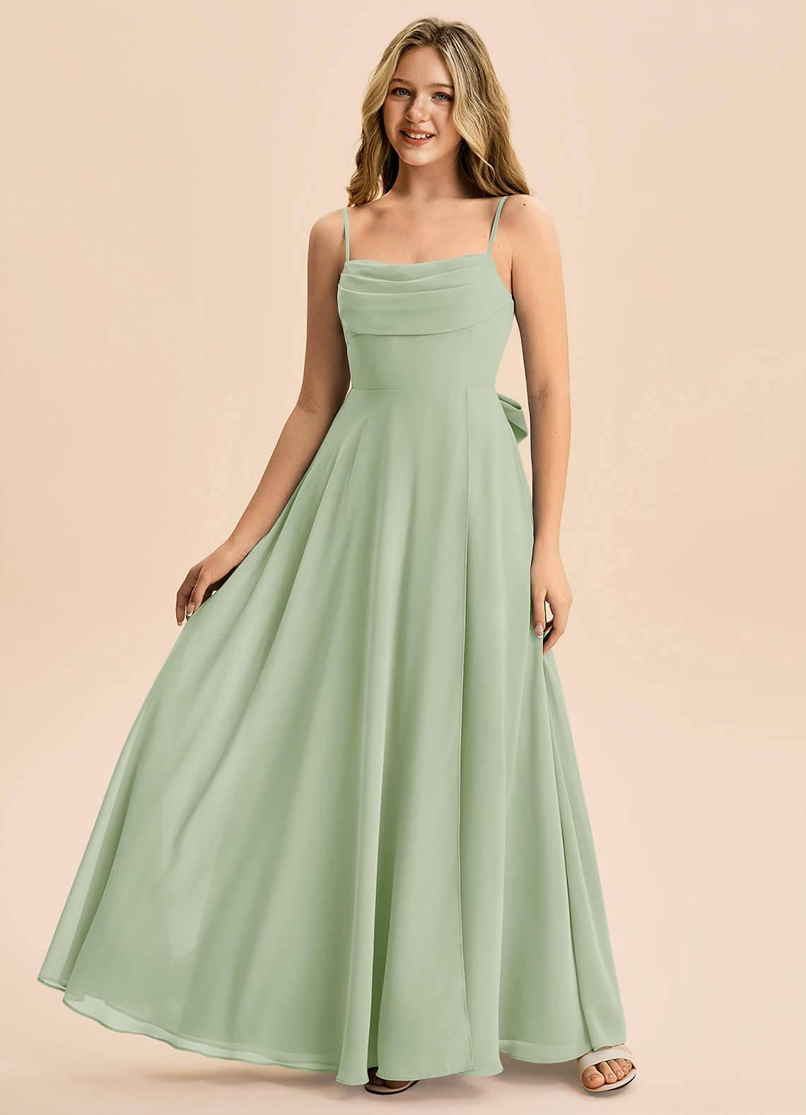 Azazie Bear Junior Dusty Sage A-Line Pleated Chiffon Dress image3