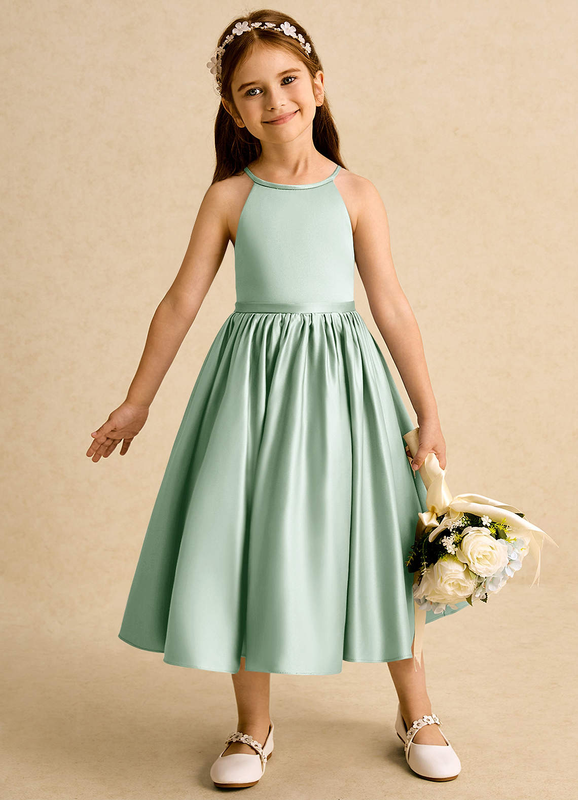 Azazie Indi Flower Girl Dresses Agave A-Line Bow Matte Satin Dress image1