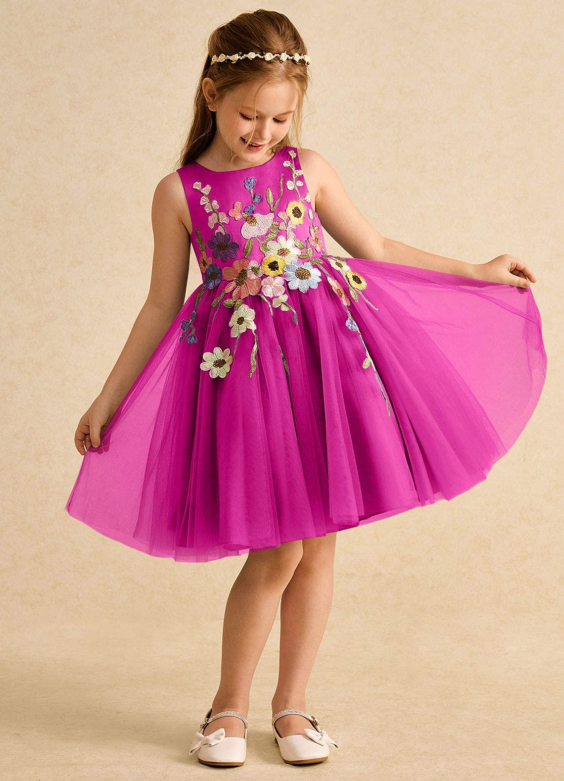 Azazie Prima Blumenmädchenkleider A-Linie Schleifen Tüll Kleid Fuchsia image2