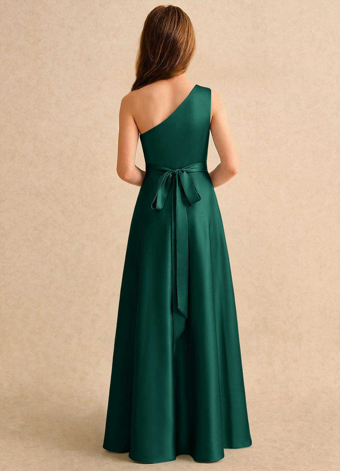 Azazie Puddles Girls Formal Flower Girl Dresses Emerald A-Line One Shoulder Stretch Satin Dress image1