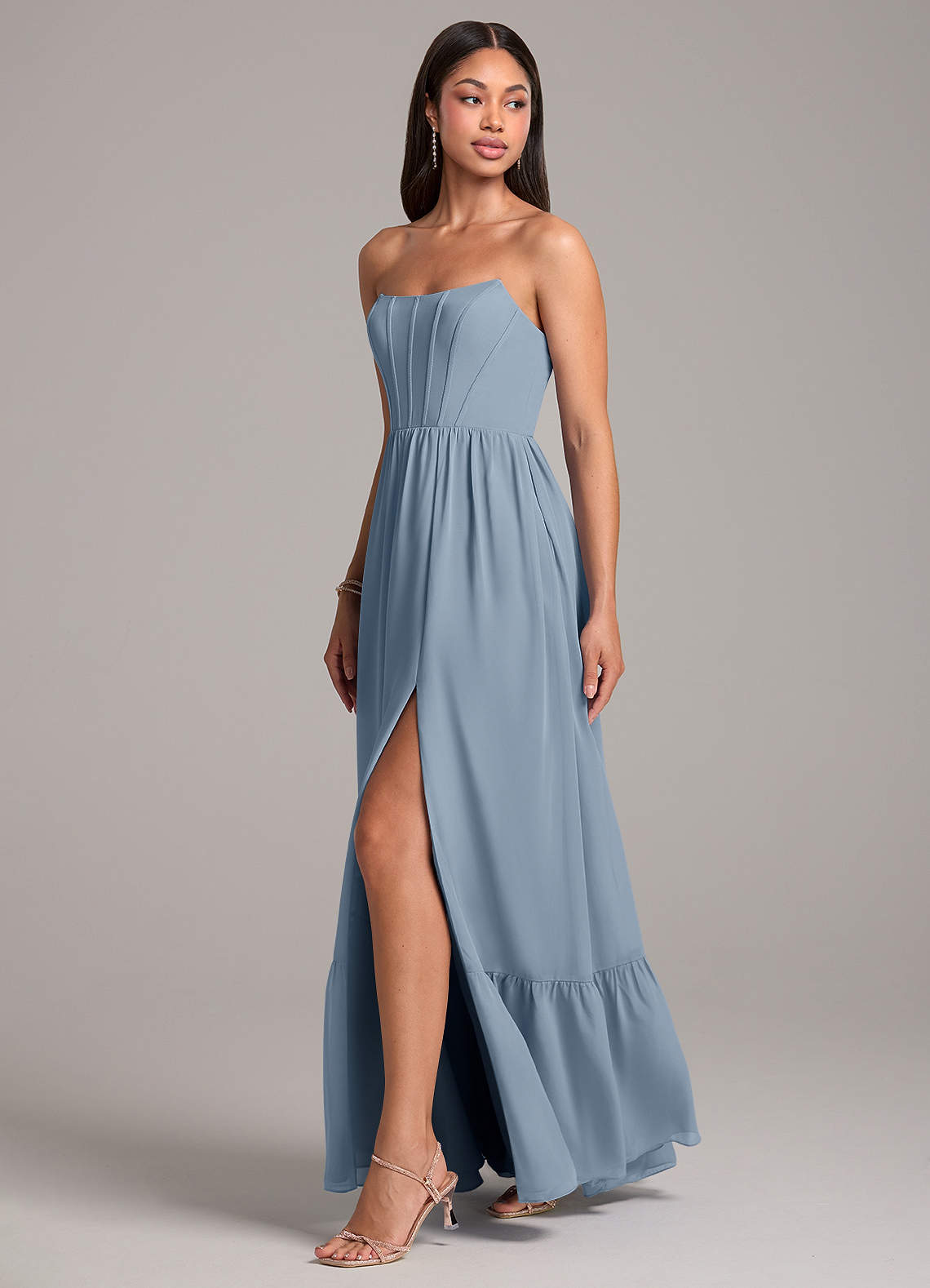Azazie Kailee Jurken voor bruidsmeisjes Jurk van Chiffon met A-Lijn met Zakken Stoffig Blauw image2