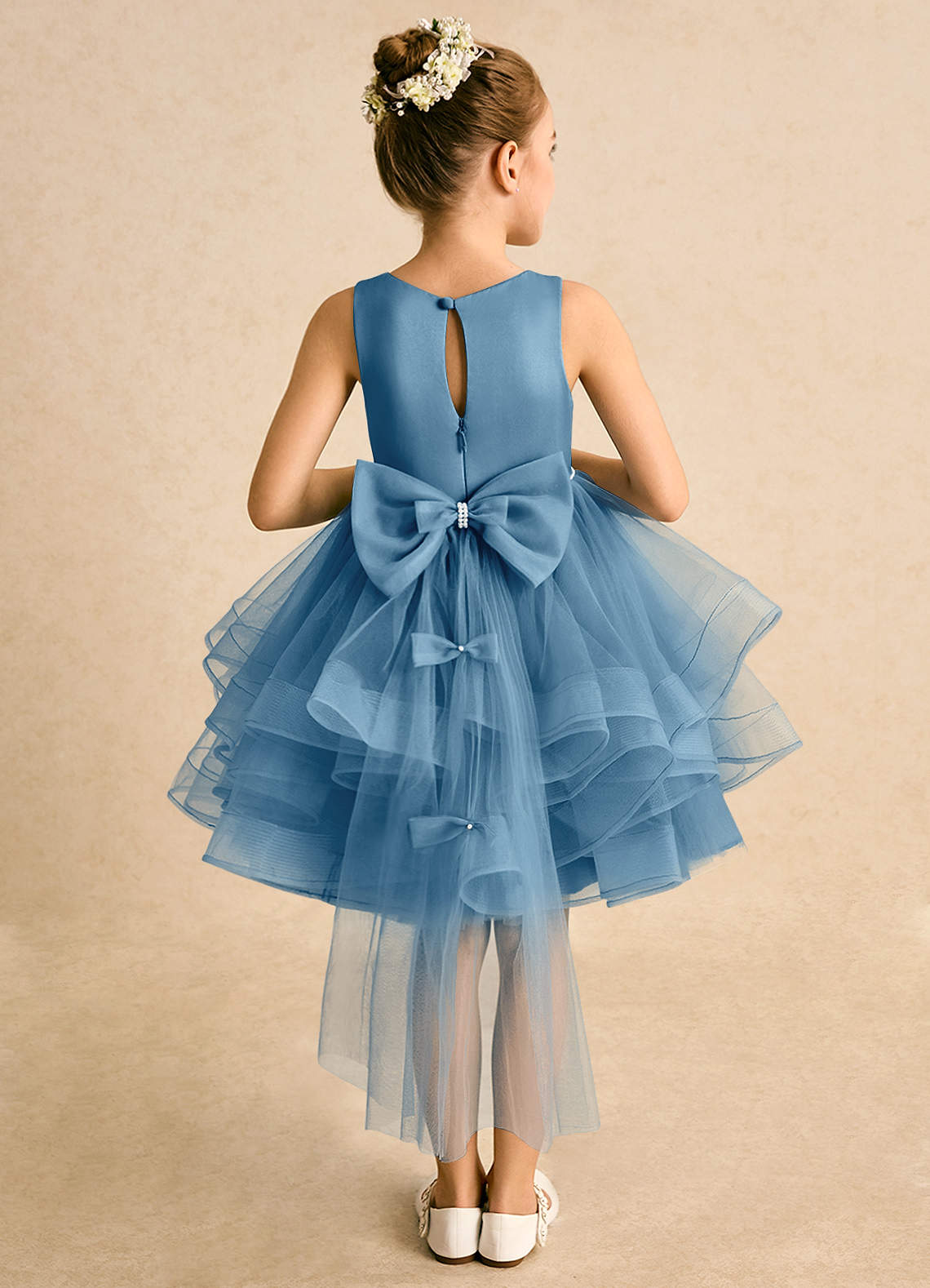 Azazie Tinie Flower Girl Dresses Steel Blue Ball-Gown Bow Tulle Dress image1