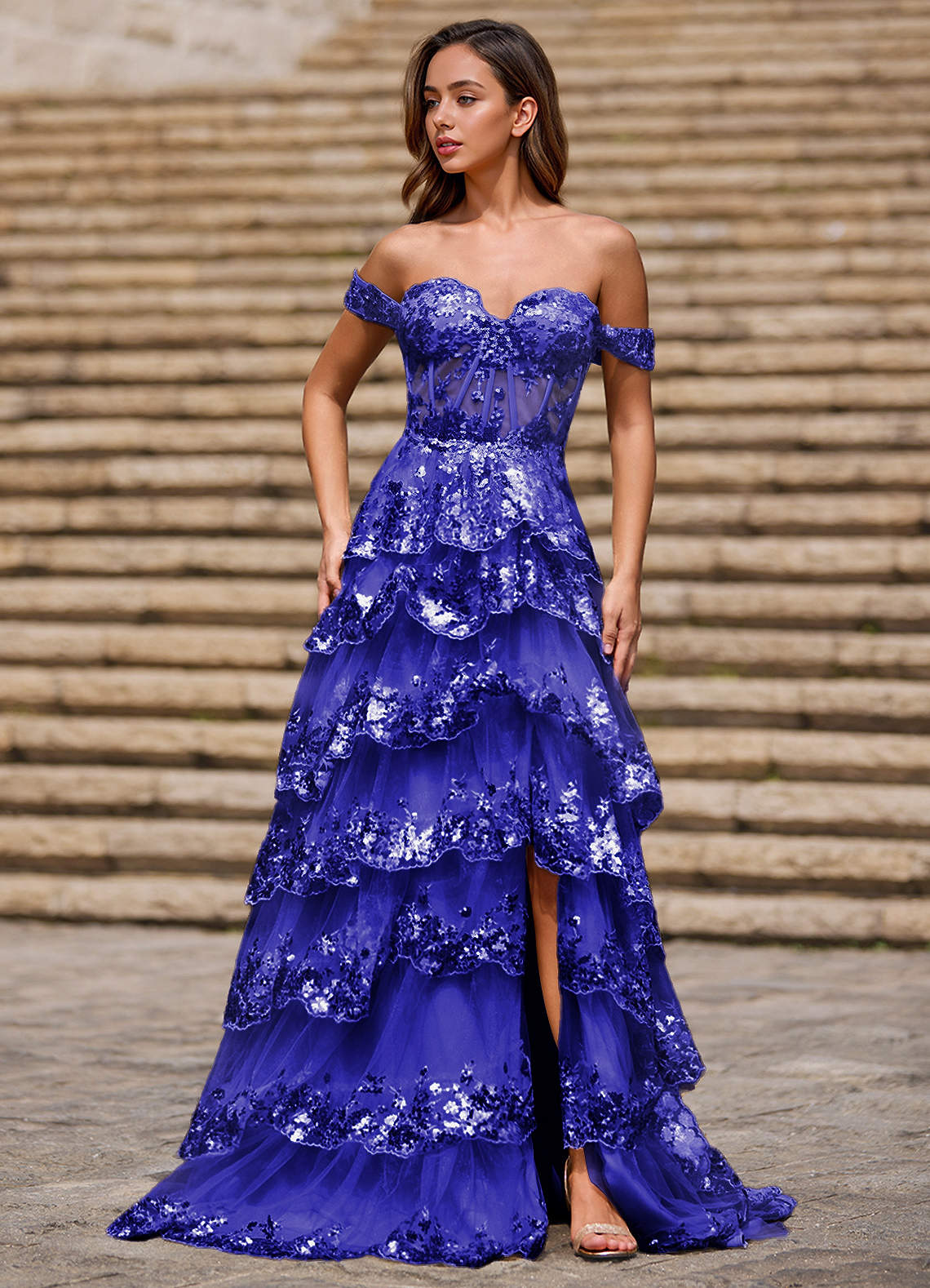 glitz formal dress Blue Ruffled A-line Prom kyle richards loungewear