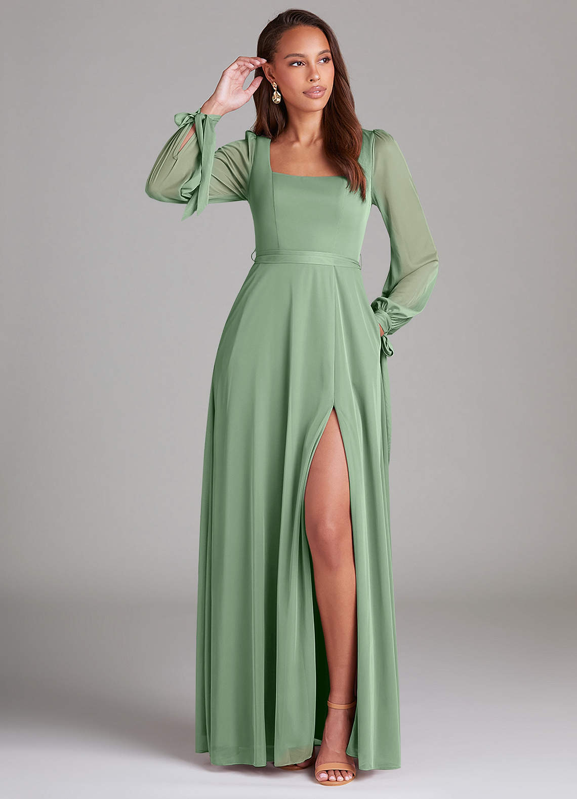 Azazie Leonia Brautjungfernkleider A-Linie Langarm Gittergewebe Kleid Matcha image1
