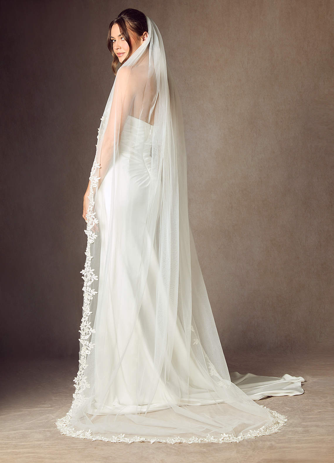 front Cordelia Flower Lace Chapel Length Veil